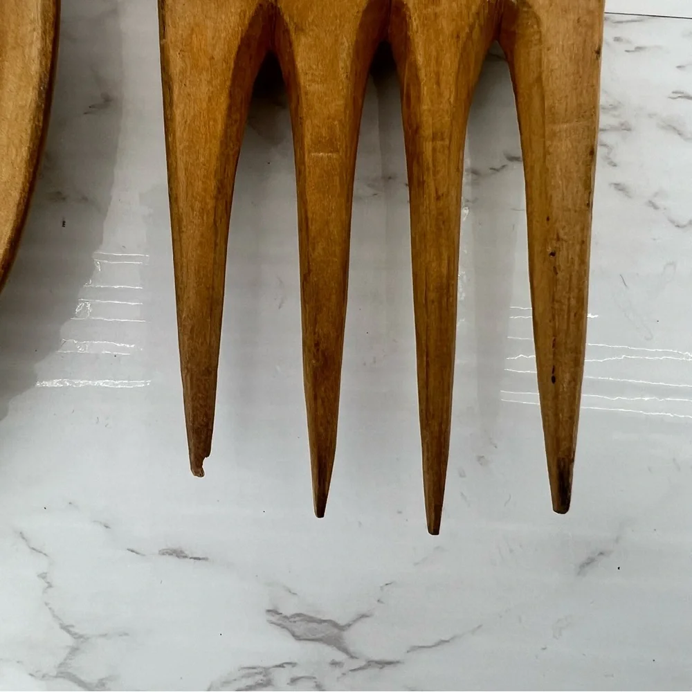 VINTAGE MCM hand carved wooden tribal tiki salad serving SPOON & FORK